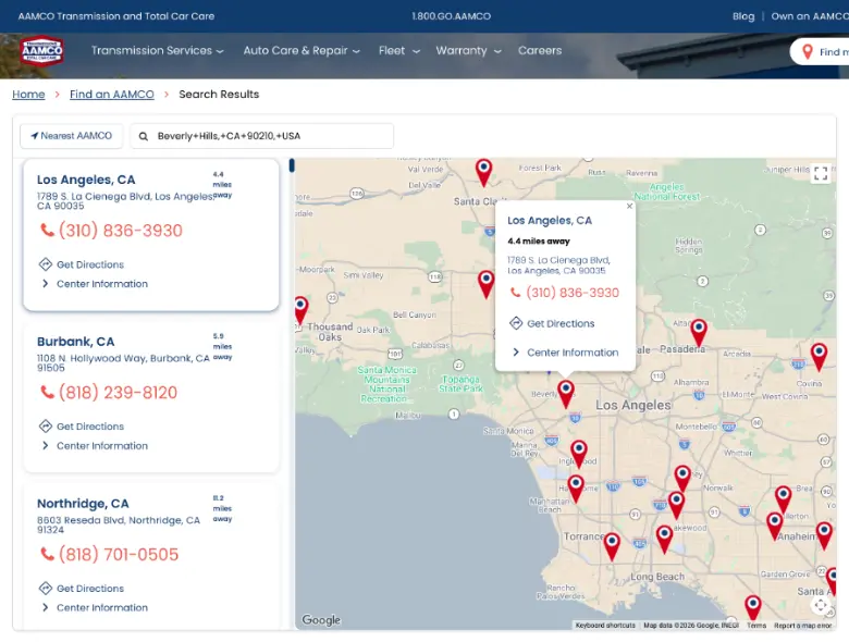 AAMCO store locator with a color-matched Google map and custom marker theme