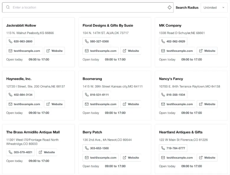 Mapless grid store locator listing results with contact and website buttons